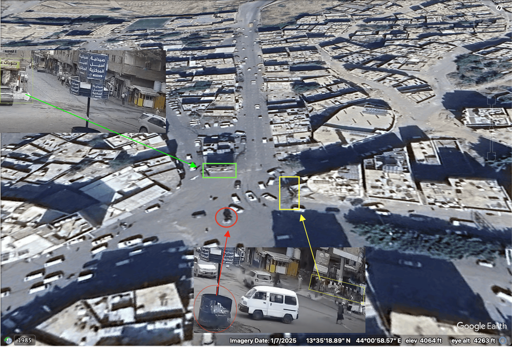لقطة شاشة من غوغل ايرث برو، تُظهر معالم في جولة سنان تم تحديدها من قبل الأرشيف اليمني، مع مقارنتها بلقطتي شاشة من تسجيل كاميرا مراقبة صور في موقع الحادث. وكان مقطع كاميرا المراقبة قد نُشر من قبل عبدالرقيب الصبري على فيسبوك. التُقطت الصورة وأُضيفت علامات التحديد من قبل الأرشيف اليمني بتاريخ 2 كانون الأول/ديسمبر 2025.